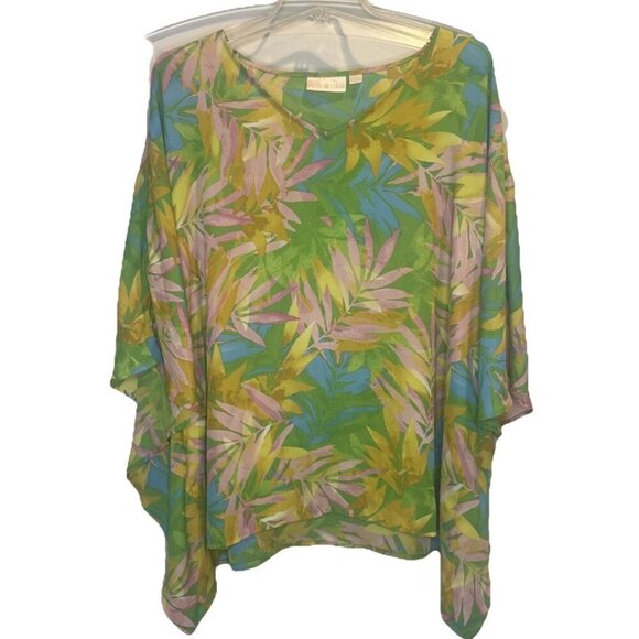 Belle Kim Gravel Woven Colorful Tropical Poncho Top Size L Hawaii Vacation - Picture 1 of 7